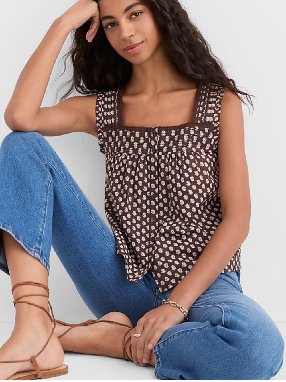 LOFT Floral Pleated Square Neck Blouse Women’s Medium Brown Sleeveless NWT